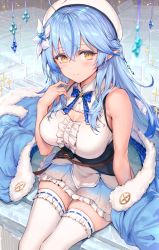 Rule 34 | 1girl, ahoge, arm at side, blue hair, blush, braid, breasts, cleavage, cleavage cutout, closed mouth, clothing cutout, flower, framed breasts, fur trim, hair between eyes, hair flower, hair ornament, half updo, haoni, hat, highres, hololive, large breasts, long hair, looking at viewer, nail polish, pointy ears, ribbon-trimmed legwear, ribbon trim, shirt, side braid, sitting, skirt, sleeveless, sleeveless shirt, smile, solo, thighhighs, virtual youtuber, white thighhighs, yellow eyes, yukihana lamy