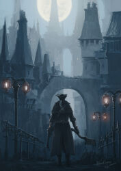 Rule 34 | 1other, ambiguous gender, artist name, bloodborne, boots, bridge, brown coat, brown footwear, building, coat, copyright name, facing away, full body, gun, handgun, hat, highres, holding, holding gun, holding weapon, hunter (bloodborne), lamppost, moon, night, outdoors, ponytail, saw, saw cleaver, standing, tricorne, tripdancer, weapon