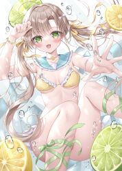 Rule 34 | 1girl, air bubble, arm up, bikini, blue sailor collar, blush, bow, breasts, brown hair, bubble, commentary request, feet out of frame, food, frilled bikini, frilled sailor collar, frills, fruit, green eyes, green nails, hair bow, highres, ice cream, knees up, kohinata hoshimi, lemon, lemon slice, lime (fruit), lime slice, long hair, medium breasts, nail polish, original, outstretched arm, parted bangs, sailor collar, solo, swimsuit, twintails, very long hair, white bow, yellow bikini