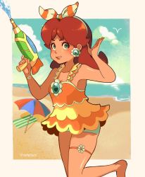 Rule 34 | bare shoulders, barefoot, beach, beach towel, bird, blush, border, bow, breasts, brown hair, cleavage, cowboy shot, earrings, flower bracelet, flower earrings, freckles, frilled one-piece swimsuit, frilled swimsuit, frills, green eyes, grin, hair bow, hairband, hand up, highres, holding, holding water gun, jewelry, long hair, looking at viewer, mario (series), mario kart, mario kart tour, medium breasts, nintendo, ocean, one-piece swimsuit, princess daisy, smile, softp3ach, striped, striped bow, swimsuit, teeth, thigh strap, towel, umbrella, water, water gun