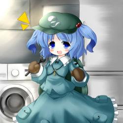 Rule 34 | 1girl, backpack, bad id, bad pixiv id, bag, blue eyes, blue hair, blush, cocozasa, female focus, hair bobbles, hair ornament, hat, kawashiro nitori, key, matching hair/eyes, mittens, open mouth, pocket, short hair, skirt, smile, solo, touhou, twintails, two side up, washing machine, wrench