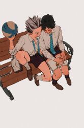 Rule 34 | 2boys, absurdres, akaashi keiji, ankle socks, bag, ball, bench, black hair, black shorts, black socks, blue necktie, bokuto koutarou, book, brown eyes, brown footwear, chengongzi123, closed eyes, closed mouth, collared shirt, full body, grey background, grey bag, grey hair, grey shirt, grey socks, haikyuu!!, hand up, highres, holding, holding ball, holding book, long sleeves, looking at another, male focus, multicolored hair, multiple boys, necktie, on bench, pigeon-toed, school uniform, shirt, shoes, short hair, shorts, simple background, sitting, socks, streaked hair, striped necktie, undone necktie, very short hair, volleyball (object)