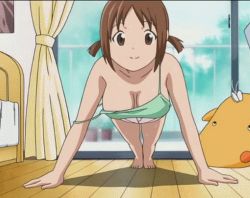 Rule 34 | 00s, 10s, 1girl, animated, animated gif, arm support, bare shoulders, barefoot, bedroom, bouncing breasts, breasts, breasts apart, brown eyes, brown hair, cleavage, curtains, door, downblouse, exercising, feet, female focus, fence, hanging breasts, hinako (issho ni training), indoors, issho ni training, large breasts, legs, looking at viewer, lowres, no bra, push-ups, shadow, short hair, short twintails, solo, strap slip, stuffed toy, sweat, tank top, training, twintails