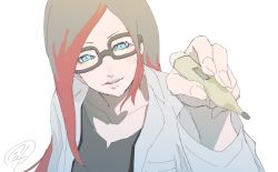 Rule 34 | 1girl, black hair, blue eyes, crow (gravity daze), doctor, female focus, glasses, gravity daze, gravity daze 2, lab coat, long hair, looking at viewer, multicolored hair, pungter, red hair, simple background, solo, thermometer, two-tone hair