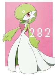 Rule 34 | absurdres, bob cut, colored skin, creatures (company), dress, envi55109095, game freak, gardevoir, gardevoir day, gen 3 pokemon, green hair, hair over one eye, highres, looking at viewer, multicolored skin, nintendo, pink background, pink eyes, pokemon, pokemon (creature), simple background, smile, two-tone skin, white dress, white skin