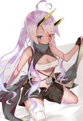 Rule 34 | 1girl, ahoge, asymmetrical legwear, azur lane, bandeau, black gloves, black shorts, blue eyes, blush, breasts, cleavage, commentary request, dark-skinned female, dark skin, eyes visible through hair, full body, gloves, heart, heart ahoge, heterochromia, highres, horns, indianapolis (azur lane), long hair, looking at viewer, mechanical horns, medium breasts, open fly, open mouth, partially fingerless gloves, pink hair, shorts, solo, thighhighs, turtleneck, twintails, underboob, uneven legwear, very long hair, white bandeau, white thighhighs, yaminabe (yam1 nabe), yellow eyes