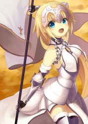 Rule 34 | 1girl, blonde hair, blue eyes, blush, breasts, cleavage, fate/apocrypha, fate/grand order, fate (series), flag, fur-trimmed legwear, fur trim, gauntlets, headpiece, highres, holding, jazztaki, jeanne d&#039;arc (fate), jeanne d&#039;arc (ruler) (fate), jeanne d&#039;arc (third ascension) (fate), large breasts, long hair, looking at viewer, open mouth, smile, solo, thighhighs, thighs