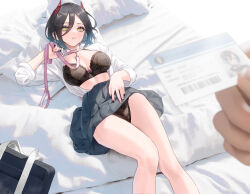Rule 34 | 1girl, azur lane, bag, black bra, black hair, black nails, black panties, blurry, blurry foreground, bra, breasts, cirilla lin, clothes lift, collared shirt, dress shirt, duplicate, ear piercing, feet out of frame, foreshortening, gradient hair, hair between eyes, hair ornament, holding, holding leash, horns, id card, large breasts, leash, legs, looking at viewer, lying, multicolored hair, nail polish, on back, on bed, open clothes, open shirt, panties, parted lips, piercing, pillow, pixel-perfect duplicate, pleated skirt, pov, pov hands, school bag, shirt, skirt, skirt lift, solo focus, thighs, ulrich von hutten (azur lane), underwear, white shirt, yellow eyes