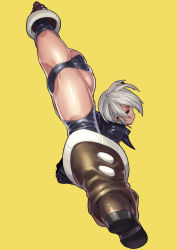 Rule 34 | 1girl, absurdres, angel (kof), ass, chaps, fengmo, flexible, grey eyes, highres, jacket, looking at viewer, looking back, shiny clothes, shiny skin, short hair, silver hair, simple background, snk, solo, split, spread legs, standing, standing on one leg, the king of fighters, trefoil, upside-down, yellow background