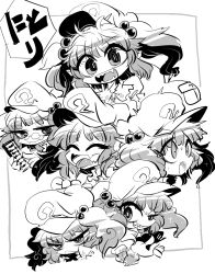 Rule 34 | 6+girls, abacus, bespectacled, glasses, greyscale, hair bobbles, hair ornament, hat, kawashiro nitori, monochrome, multiple girls, multiple persona, open mouth, short hair, sketch, smile, tongue, tongue out, touhou, twintails, two side up, yt (wai-tei)