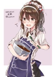 Rule 34 | 1girl, apron, ashigara (kancolle), ashigara kai ni (kancolle), black skirt, border, brown eyes, brown hair, character name, commentary request, cowboy shot, dated, fang, frilled apron, frills, hairband, kantai collection, long hair, one-hour drawing challenge, pencil skirt, purple apron, purple background, skirt, solo, twitter username, two-tone background, u yuz xx, uniform, wavy hair, white border