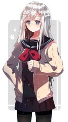 Rule 34 | 1girl, black pantyhose, black serafuku, black skirt, blunt bangs, bow, cardigan, closed mouth, cowboy shot, expressionless, grey background, hair ornament, hairclip, half-closed eyes, hand on own hip, highres, long hair, looking at viewer, lucky (1045044604), open cardigan, open clothes, original, pantyhose, paw print, paw print background, pleated skirt, red bow, school uniform, serafuku, silver hair, simple background, skirt, sleeves past wrists, solo, two-tone background, white background