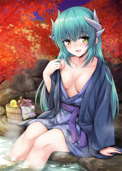 Rule 34 | 1girl, :d, aqua hair, arm at side, autumn, autumn leaves, bare shoulders, blue kimono, breasts, bucket, cleavage, collarbone, commentary request, fate/grand order, fate (series), floral print, hair between eyes, highres, horns, japanese clothes, jar, kimono, kiyohime (fate), long hair, long sleeves, marugoshi (54burger), medium breasts, night, obi, off shoulder, onsen, open clothes, open kimono, open mouth, outdoors, pouch, print kimono, rock, rubber duck, sash, sidelocks, sitting, smile, soaking feet, solo, steam, straight hair, towel, tree, undressing, very long hair, water, wide sleeves, wooden bucket, yellow eyes, yukata