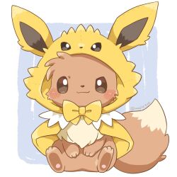 Rule 34 | :3, artist name, blush stickers, bow, brown eyes, capelet, closed mouth, clothed pokemon, cosplay, creatures (company), eevee, full body, game freak, gen 1 pokemon, hand on own stomach, highres, hood, hooded capelet, jolteon, jolteon (cosplay), kana (maple926), looking at viewer, nintendo, pokemon, pokemon (creature), sitting, smile, solo, twitter username, yellow bow