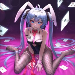 Rule 34 | 1girl, ahoge, animal ears, arm strap, arm support, bare shoulders, bdsm, black leotard, black ribbon, blue eyes, blue hair, blush, breasts, breasts squeezed together, card, center-flap bangs, chest harness, clothing cutout, colored inner hair, commentary, cuffs, cutout above navel, detached collar, double-parted bangs, fake animal ears, fishnet pantyhose, fishnet thighhighs, fishnets, full body, glowing, glowing eyes, grin, hair ornament, hair ribbon, hairband, handcuffs, harness, hatsune miku, heart, heart cutout, heart hair ornament, highres, leotard, long hair, looking at viewer, medium breasts, multicolored hair, nail polish, necktie, no shoes, o-ring, o-ring thigh strap, pantyhose, pink hair, playboy bunny, playing card, pure pure (rabbit hole), rabbit ears, rabbit hole (vocaloid), red nails, red necktie, red pupils, ribbon, ruraji, short necktie, sitting, smile, solo, thigh strap, thighhighs, twintails, v arms, very long hair, vocaloid, wariza, white hairband, wing collar, wrist ribbon, x hair ornament