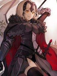 Rule 34 | ahoge, armor, armored dress, black dress, breasts, cape, chain, commentary request, dress, fate/apocrypha, fate/grand order, fate (series), flag, fur-trimmed cape, fur collar, fur trim, gauntlets, headpiece, highres, jeanne d&#039;arc (fate), jeanne d&#039;arc alter (avenger) (fate), jeanne d&#039;arc alter (fate), large breasts, ririkonosukee, short hair, silver hair, sword, thighhighs, tsurime, weapon, yellow eyes