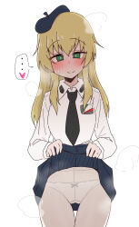 Rule 34 | 1girl, ame (amechan17391739), anzio school uniform, black necktie, blonde hair, blue skirt, blush, carpaccio (girls und panzer), closed mouth, clothes lift, girls und panzer, green eyes, heart, highres, lifting own clothes, long hair, looking at viewer, miniskirt, necktie, panties, panties under pantyhose, pantyhose, pleated skirt, school uniform, simple background, skirt, skirt lift, smile, solo, spoken heart, standing, underwear, white background, white panties, white pantyhose
