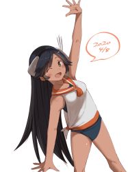 Rule 34 | 1girl, black hair, blue one-piece swimsuit, brown eyes, commentary request, cowboy shot, dated, headgear, highres, honmakaina kudou, i-400 (kancolle), kantai collection, leaning to the side, long hair, looking at viewer, one-hour drawing challenge, one-piece swimsuit, orange sailor collar, outstretched arms, sailor collar, sailor shirt, school swimsuit, shirt, side-tie shirt, simple background, sleeveless, sleeveless shirt, smile, solo, speech bubble, swimsuit, swimsuit under clothes, tan, white background