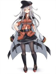 Rule 34 | 10s, 1girl, black gloves, black hat, black pantyhose, black skirt, boots, brown eyes, gangut (kancolle), gangut dva (kancolle), gloves, grey hair, hand on own hip, hat, highres, jacket, kantai collection, long hair, long sleeves, looking at viewer, miniskirt, pantyhose, peaked cap, pleated skirt, scar, short sleeves, skirt, solo, torpedo, unbuttoned, unbuttoned shirt, white background, white jacket