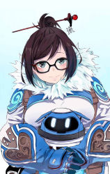 Rule 34 | 1girl, beads, belt, belt pouch, black-framed eyewear, blue gloves, blush, breasts, brown eyes, brown hair, closed mouth, coat, drone, esu (transc), eyebrows, fur-trimmed jacket, fur coat, fur collar, fur trim, glasses, gloves, hair bun, hair ornament, hair stick, harness, holding, jacket, large breasts, looking at viewer, machinery, mei (overwatch), overwatch, overwatch 1, parka, pouch, robot, short hair, sidelocks, single hair bun, snowball (overwatch), snowflake hair ornament, solo, swept bangs, upper body, winter clothes, winter coat
