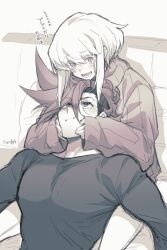 Rule 34 | 2boys, commentary request, couch, galo thymos, greyscale, hair between eyes, hands on another&#039;s cheeks, hands on another&#039;s face, highres, lio fotia, male focus, monochrome, multiple boys, open mouth, promare, shirt, sitting, sweater, takatsuki ichi, teeth, tongue, translation request, trap, very long sleeves, yaoi