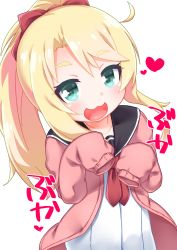 Rule 34 | 1girl, :3, :d, black sailor collar, blonde hair, blush, bow, cardigan, commentary request, dress, green eyes, hair between eyes, hair bow, hands up, high ponytail, highres, himesaka noa, kirisame mia, long hair, long sleeves, looking at viewer, open cardigan, open clothes, open mouth, pink cardigan, ponytail, red bow, sailor collar, sailor dress, sidelocks, simple background, sleeves past fingers, sleeves past wrists, smile, solo, thick eyebrows, translation request, watashi ni tenshi ga maiorita!, white background, white dress
