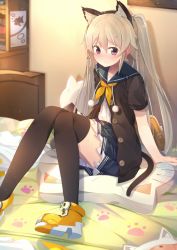 Rule 34 | 10s, 1girl, animal ears, ao no kanata no four rhythm, arisaka mashiro, arm support, bad id, bad pixiv id, bag, bedroom, benio (dontsugel), black thighhighs, blanket, blue skirt, blurry, blush, breasts, brown hair, buttons, cat ears, cat-shaped pillow, cat tail, closed mouth, cross print, drawing, fake animal ears, fish, frown, hair between eyes, highres, indoors, jacket, light brown hair, long hair, nmaaaaa, nose blush, on bed, open clothes, open jacket, paper, paw print, pillow, pleated skirt, pom pom (clothes), purple eyes, ribbon, school uniform, serafuku, shadow, shoes, short sleeves, sitting, skirt, small breasts, solo, stuffed animal, stuffed cat, stuffed toy, tail, thighhighs, twintails, unbuttoned, very long hair, yellow footwear, yellow ribbon, zettai ryouiki