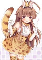 Rule 34 | 10s, 1girl, ahoge, animal ears, bad id, bad nicoseiga id, brown eyes, brown hair, cat ears, cat tail, cosplay, dress shirt, elbow gloves, fake animal ears, fang, gloves, high-waist skirt, highres, kantai collection, kemono friends, kuma (kancolle), long hair, masayo (gin no ame), multicolored clothes, multicolored gloves, open mouth, serval (kemono friends), serval (kemono friends) (cosplay), serval print, serval tail, shirt, skirt, sleeveless, sleeveless shirt, smile, solo, tail, thighhighs