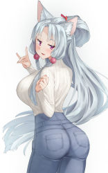 Rule 34 | 1girl, :3, animal ears, ass, blue hair, blush, breasts, cowboy shot, denim, forehead, fox ears, fox shadow puppet, from behind, hair bobbles, hair intakes, hair ornament, hair rings, highres, jeans, jitome, kanzen bouon, large breasts, light blue hair, long hair, long sleeves, looking at viewer, looking back, narrow waist, open mouth, pants, pantylines, purple eyes, ribbed sweater, sidelocks, simple background, smile, solo, sweater, sweater tucked in, tight clothes, touhoku itako, turtleneck, very long hair, voiceroid, white background, white sweater