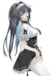 Rule 34 | 1girl, absurdres, black bow, black hair, black ribbon, black skirt, blue eyes, bow, breasts, choker, clothes lift, colored inner hair, hair between eyes, hair intakes, head tilt, high-waist skirt, highres, indie virtual youtuber, linlll (vtuber), long hair, looking at viewer, medium breasts, mouth hold, multicolored hair, neck ribbon, pantyhose, puffy short sleeves, puffy sleeves, ribbon, second-party source, shirt, short sleeves, simple background, sitting, skirt, skirt hold, solo, suspender skirt, suspenders, virtual youtuber, white background, white pantyhose, white shirt, yukizawa xueze