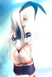 Rule 34 | 10s, 1girl, ass, bare shoulders, blonde hair, clothes pull, elbow gloves, gloves, kantai collection, long hair, looking back, panties, panty lift, panty pull, self wedgie, shimakaze (kancolle), skirt, skirt pull, smile, solo, sora to umi, striped clothes, striped thighhighs, thighhighs, thong, underwear, wedgie
