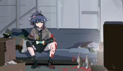 Rule 34 | 1girl, animal ears, arknights, black footwear, black gloves, black shirt, black socks, blue hair, boots, box, brown jacket, cardboard box, cat ears, chinese commentary, clothes, controller, couch, frown, full body, gloves, green eyes, headset, highres, holding, holding controller, implied extra ears, indoors, jacket, jessica (arknights), knee pads, multicolored hair, open clothes, open jacket, pink hair, playing games, ponytail, shinnasuka025, shirt, single knee pad, sitting, socks, solo, streaked hair, television
