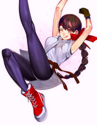 Rule 34 | 1girl, absurdres, braid, breasts, brown eyes, brown hair, closed mouth, dougi, gloves, headband, highres, long hair, looking at viewer, medium breasts, one eye closed, ryuuko no ken, shoes, simple background, single braid, smile, sneakers, sokuse kienta, solo, spandex, the king of fighters, tongue, tongue out, white background, yuri sakazaki