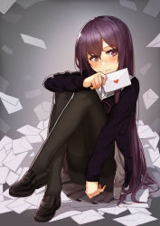 Rule 34 | 1girl, black pantyhose, blush, envelope, highres, hitoshi, letter, loafers, long hair, long sleeves, love letter, md5 mismatch, original, pantyhose, parted lips, purple eyes, purple hair, resized, resolution mismatch, school uniform, serafuku, shoes, solo, source smaller, thighband pantyhose, upscaled