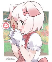 Rule 34 | 1girl, animal ears, back bow, blush, bow, bowtie, brown eyes, choker, commentary request, dated, fanta (the banana pistols), frilled gloves, frills, gloves, highres, kemono friends, pig (kemono friends), pig ears, pig girl, pig nose, pink bow, pink bowtie, pink hair, puffy short sleeves, puffy sleeves, shirt, short hair, short sleeves, solo, white gloves, white hair, white shirt