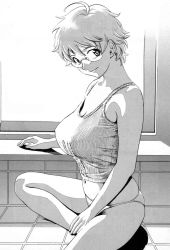 Rule 34 | 1girl, ahoge, breasts, camisole, cleavage, cynthia the mission, glasses, greyscale, highres, huge breasts, looking at viewer, midriff, monochrome, navel, panties, short hair, smile, solo, takatou rui, takaya kanae, taut clothes, tile floor, tiles, underwear