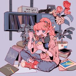 Rule 34 | 03moonmoonmoon, 1girl, a long vacation, arctic monkeys, blue eyes, blue pants, blunt bangs, book, book stack, bookshelf, chopsticks, crossed ankles, cup, cup ramen, eating, flower, full body, hair flower, hair ornament, high ponytail, highres, holding, holding chopsticks, holding cup, long hair, long sleeves, looking ahead, looking at viewer, orange flower, orange hair, orange shirt, original, pants, pants rolled up, picture frame, pink floyd, plant, polaroid, potted plant, print shirt, radio, record jacket, red footwear, shirt, shoes, sidelocks, sitting, sneakers, solo, white flower