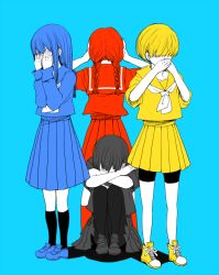 Rule 34 | 4girls, bike shorts, blonde hair, blue hair, bob cut, braid, covering own ears, covering own eyes, covering own mouth, hugging own legs, knees to chest, multiple girls, original, pantyhose, red hair, saitamax, school uniform, serafuku, short twintails, simple background, three monkeys, twin braids, twintails, vocaloid