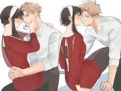 Rule 34 | 1boy, 1girl, absurdres, arms around waist, artist name, asterrales, bare shoulders, black hair, black pantyhose, blonde hair, blue eyes, blush, closed eyes, closed mouth, collared shirt, commentary, dress, eye contact, hairband, highres, husband and wife, imminent kiss, looking at another, off-shoulder dress, off shoulder, on lap, pantyhose, red dress, removing eyewear, round eyewear, shirt, short hair with long locks, sidelocks, spy x family, sweater, sweater dress, twilight (spy x family), white hairband, white shirt, wing collar, yor briar