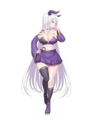 Rule 34 | 1girl, asymmetrical legwear, bare shoulders, black choker, black thighhighs, blue eyes, breasts, choker, cleavage, collarbone, commission, crop top, demon horns, detached sleeves, full body, garter straps, gold trim, hand on own hip, hand up, highres, horns, keibeam, large breasts, leg up, long hair, long sleeves, looking at viewer, midriff, miniskirt, mismatched legwear, navel, original, pleated skirt, profile, purple footwear, purple shirt, purple skirt, shirt, shoes, shoulder tattoo, simple background, single garter strap, single sock, skindentation, skirt, smile, socks, solo, standing, standing on one leg, strapless, strapless shirt, tattoo, thighhighs, thighs, very long hair, white background, white hair