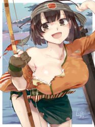 Rule 34 | 10s, 1girl, :d, bare shoulders, bow (weapon), breasts, brown eyes, brown gloves, brown hair, gloves, headband, highres, hiryuu (kancolle), hiryuu kai ni (kancolle), japanese clothes, kantai collection, kariinu, kimono, large breasts, looking at viewer, open mouth, short hair, smile, solo, sweat, torn clothes, weapon