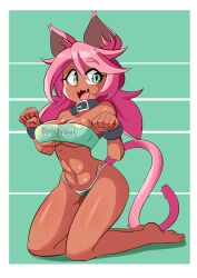 Rule 34 | 1girl, :3, abs, absurdres, animal ears, barefoot, breasts, cat ears, cat girl, cat tail, colored skin, curvy, dark-skinned female, dark skin, fangs, full body, furry, furry female, green eyes, gym uniform, happy, highleg, highleg panties, highres, kneeling, large breasts, looking at viewer, low twintails, lucyfer, navel, nikki (kevin ku), open mouth, original, panties, paw pose, shiny skin, short hair, simple background, solo, standing, tail, thong, twintails, underwear, wide hips, wings
