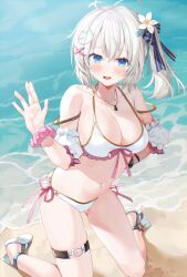 Rule 34 | .live, 1girl, bare shoulders, blue eyes, breasts, cleavage, dennou shoujo siro, highres, large breasts, looking at viewer, open mouth, smile, solo, swimsuit, virtual youtuber, white hair, yana mori