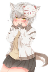 Rule 34 | 1girl, animal ears, black skirt, cat ears, cat girl, cat mask, cat tail, commission, facial mark, final fantasy, final fantasy xiv, grey hair, hands on own cheeks, hands on own face, highres, hiro (hirohiro31), jacket, long sleeves, looking at viewer, mask, medium hair, miniskirt, miqo&#039;te, open clothes, open jacket, pleated skirt, shirt, short ponytail, simple background, skeb commission, skirt, tail, warrior of light (ff14), whisker markings, white background, white jacket, yellow eyes, yellow shirt