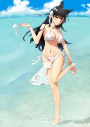 Rule 34 | 1girl, absurdres, animal ears, atago (azur lane), atago (summer march) (azur lane), azur lane, beach, bikini, black hair, blue sky, blush, breasts, brown eyes, cleavage, closed mouth, cloud, collarbone, day, extra ears, feet, groin, hair ribbon, head tilt, highres, large breasts, long hair, looking at viewer, mole, mole under eye, navel, ocean, oniku (pixiv 28205308), outdoors, ribbon, sandals, sarong, shallow water, shoes dangle, sky, smile, solo, standing, standing on one leg, stomach, swept bangs, swimsuit, thighs, toes, wading, water, white bikini, white footwear, white ribbon, white sarong