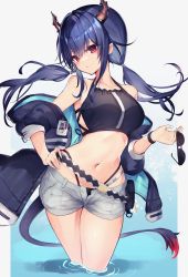 Rule 34 | 1girl, absurdres, arknights, bare shoulders, bikini, bikini under clothes, black jacket, blue hair, breasts, ch&#039;en (arknights), chinese commentary, closed mouth, collarbone, commentary request, diieru, dragon girl, dragon horns, dragon tail, unworn eyewear, hair between eyes, halterneck, hand on own hip, highleg, highleg bikini, highres, holding, holding removed eyewear, horns, jacket, large breasts, long hair, long sleeves, looking at viewer, navel, off shoulder, open clothes, open jacket, red eyes, short shorts, shorts, simple background, solo, standing, stomach, sunglasses, swimsuit, tail, twintails, wading, water, white shorts, wristband