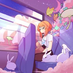 Rule 34 | 1girl, absurdres, animal, artist name, bag, bug, bus interior, butterfly, closed eyes, closed mouth, cloud, commentary, crescent moon, cup, disposable cup, dot mouth, drinking straw, english commentary, fizintine, highres, insect, luna (fizintine), moon, orange hair, original, rabbit, round eyewear, shirt, short hair, short sleeves, sitting, solo, white shirt