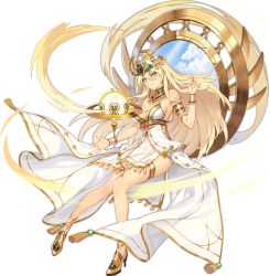 Rule 34 | 1girl, anklet, ark order, armlet, blonde hair, blue eyes, bracelet, breasts, closed mouth, dress, egyptian clothes, full body, gold, gold footwear, halo, headpiece, high heels, itoucon, jewelry, khepri (ark order), large breasts, long hair, long sleeves, looking at viewer, nail polish, necklace, official art, orb, panties, red nails, see-through, sideboob, smile, solo, tachi-e, tassel, thighhighs, transparent background, underwear, white dress, white panties