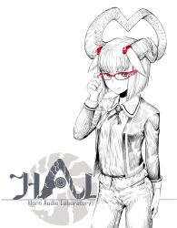 Rule 34 | 1girl, adjusting eyewear, asymmetrical horns, blunt bangs, bob cut, closed mouth, commentary request, cowboy shot, expressionless, glasses, greyscale, hand up, highres, horns, jacket, jaco, logo, long sleeves, looking at viewer, monochrome, necktie, open clothes, open jacket, original, pants, red-framed eyewear, shirt, short hair, simple background, solo, spot color, standing, uneven horns, white background