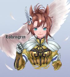 Rule 34 | 1girl, animal ears, armor, asymmetrical bangs, bird, breastplate, brown hair, character name, clenched hand, commentary, eyes visible through hair, feathers, gauntlets, genderswap, genderswap (mtf), gradient background, green eyes, grey background, hair ornament, highres, horse ears, horse girl, lohengrin (racehorse), looking at viewer, multicolored hair, obushideian, original, personification, plate armor, solo, swan, two-tone hair, umamusume, upper body, white feathers, white hair